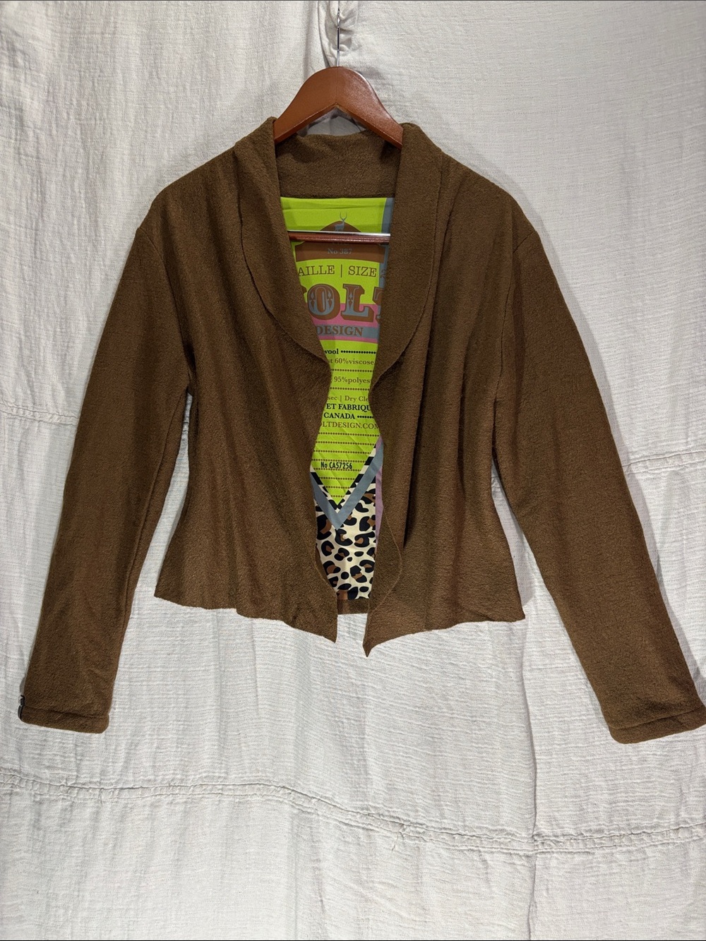 VOLT Design Quebec Brown Wool Blend Open Front Cropped Shawl Collar Jacket Med